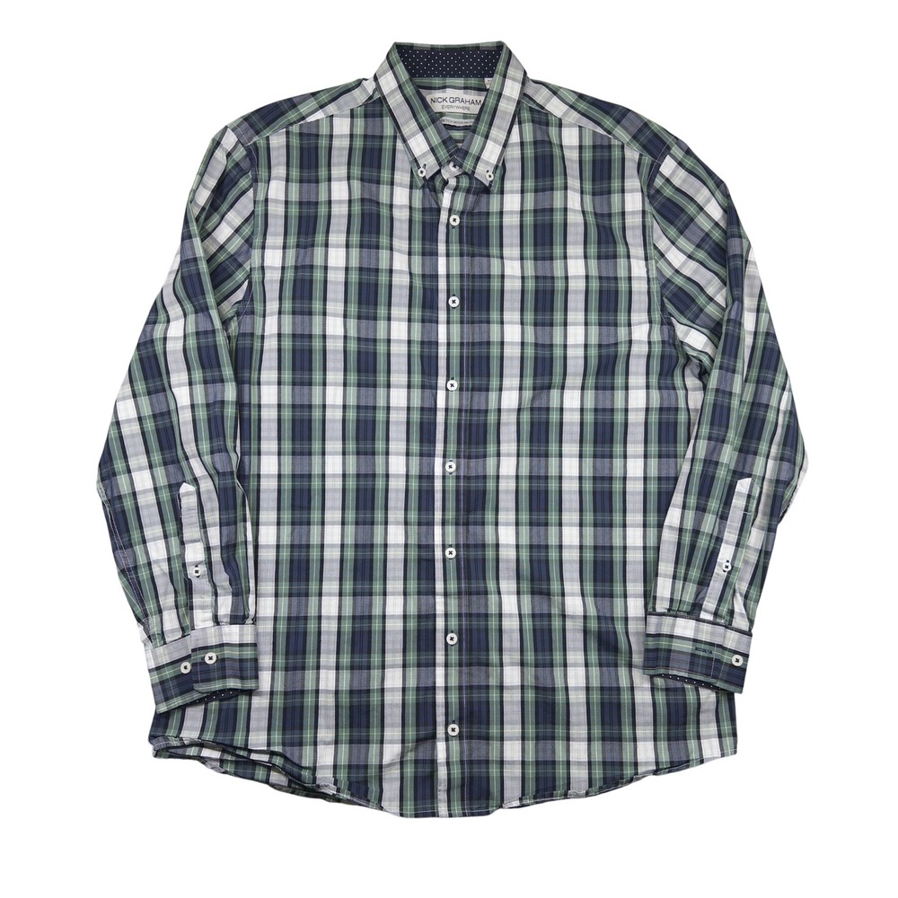 Nick Graham Button Down Shirt Mens XL Green Plaid Stretch Modern Fit Long Sleeve
